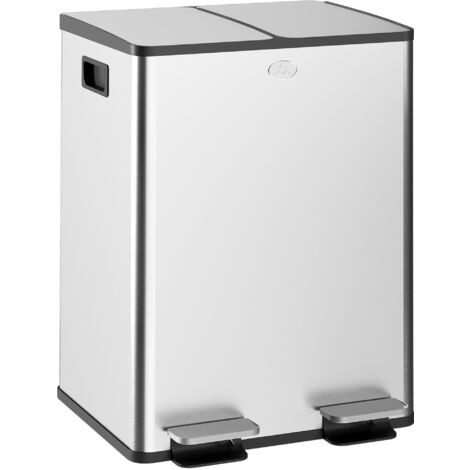 Cubo de basura de cocina con 2 compartimentos 2x20L papelera de cocina de acero inoxidable con pedal tapas de cierre suave y cubo extraíble plata