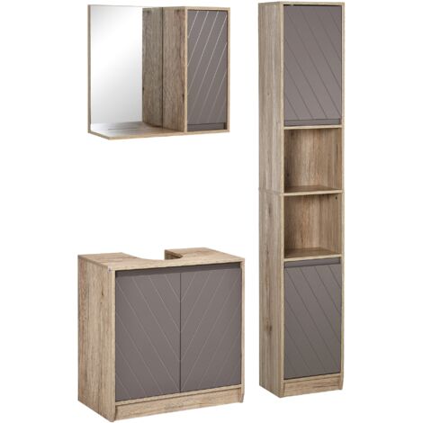 Conjunto de baño incluye 1 mueble para debajo del lavabo 1 armario de baño con espejo y 1 columna de baño con estante ajustable roble y gris
