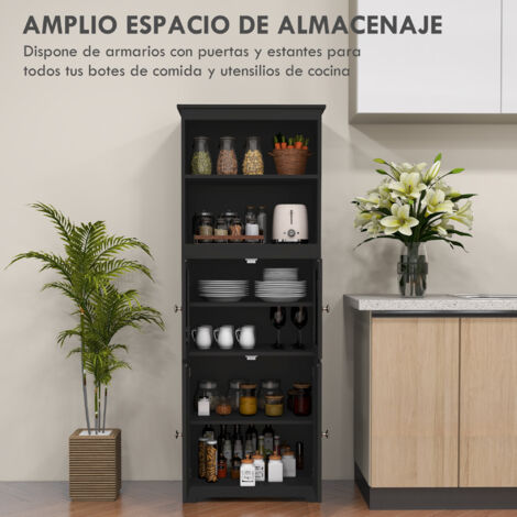 Alacena de cocina aparador de comedor armario de cocina con 4 puertas 2 estantes abiertos y estante ajustable para salón 60x30x162 cm negro