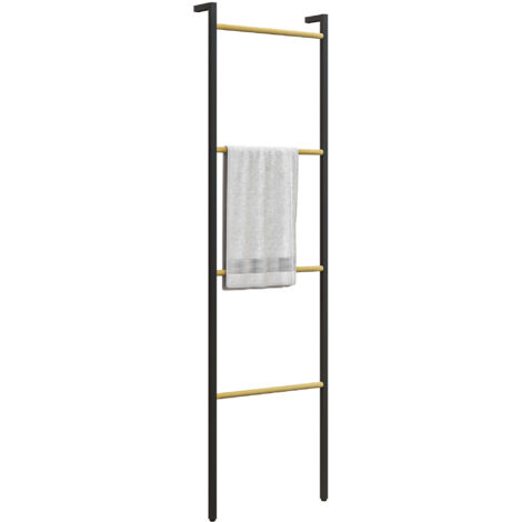 Toallero de 4 niveles toallero escalera apoyado en la Pared toallero de baño con 4 barras de bambú y marco de acero 49x5,5x167,5 cm negro y natural