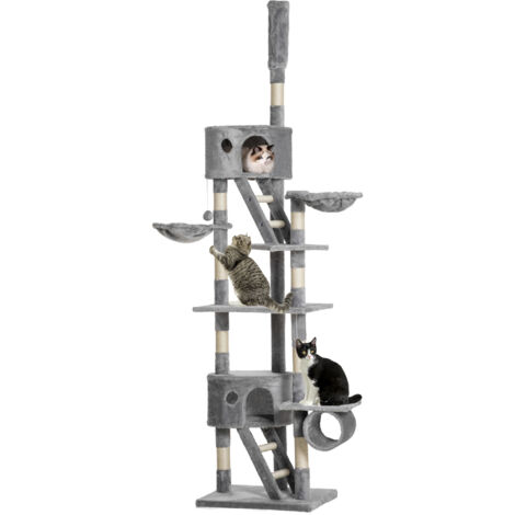 Árbol para gatos de suelo a techo de 240-260 cm árbol rascador para gatos con altura ajustable múltiples plataformas cuevas cestos y rampas gris