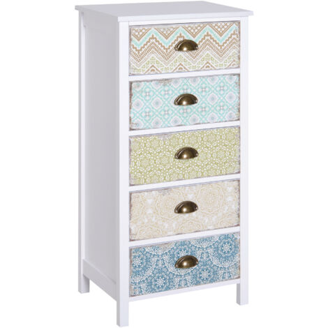Cómoda de dormitorio cajonera con 5 cajones frontales estampados y tiradores vintage mueble cajonera para salón 46x34x97,5 cm multicolor