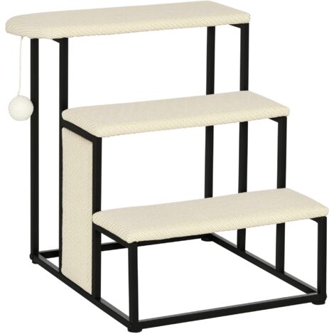 Escalera para perros de 3 niveles escalera para mascotas con 3 escalones bola colgante tablero de rascar y marco de acero 47x45x47 cm crema y negro