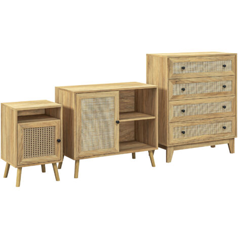 Conjunto para el hogar incluye 1 cómoda con 4 cajones 1 aparador de cocina y 2 mesitas de noche con puerta de ratán sintético estilo cannage natural