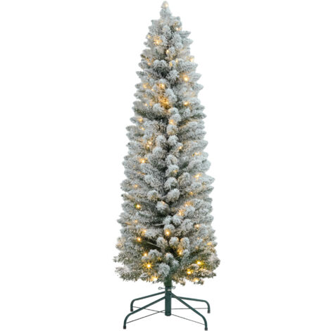 Árbol de Navidad 150 cm árbol de Navidad artificial nevado con 120 luces LED 263 ramas y patas de metal árbol navideño para salón verde y blanco (1/5)
