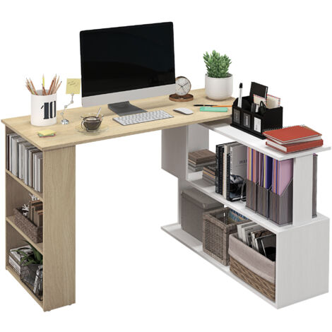 Escritorio esquinero giratorio escritorio en L con estantería mesa de escritorio con estantes para oficina estudio 120x110x74,5 cm natural y blanco