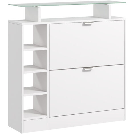 Zapatero de entrada recibidor con cajones abatibles estantes ajustables y estantes abiertos para 12 pares de zapatos 89x25x92 cm blanco