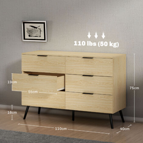 Cómoda con 6 cajones cómoda para dormitorio moderno con diseño anti-vuelco cajonera para salón pasillo 110x40x75 cm roble