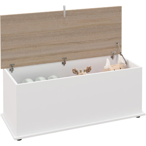 Baúl de almacenamiento de madera arcón de almacenamiento con tapa carga máx. 120 kg para dormitorio salón 100x40x40 cm natural y blanco