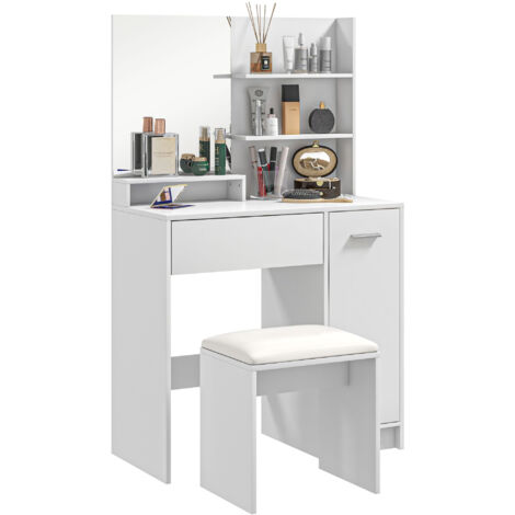 Tocador de maquillaje con taburete mesa de maquillaje con espejo cajón estante ajustable y estantes abiertos anti-vuelco para dormitorio blanco
