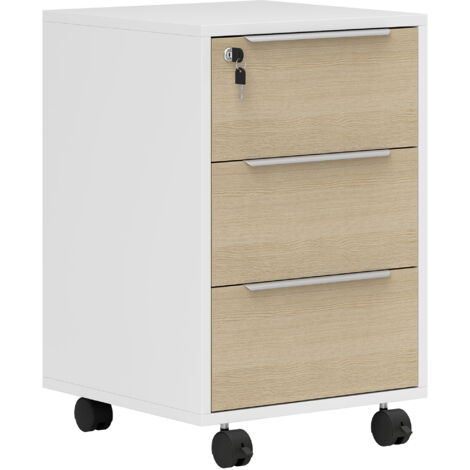 Cajonera de oficina mueble archivador con ruedas 3 cajones cerradura y 2 llaves para estudio salón 40x40x63,5 cm blanco y roble