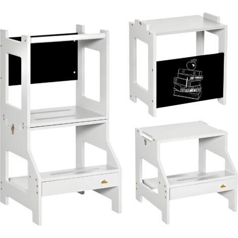 Torre de aprendizaje 2 en 1 taburete de aprendizaje para niños de +3 años convertible en escritorio con pizarra y barra de seguridad 42x44x86 cm gris
