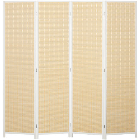 Biombo de 4 paneles plegable 180x180 cm separador de ambientes divisor de habitación tejido a mano de bambú e hilo de algodón para salón blanco