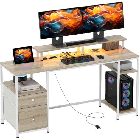 Mesa de escritorio mesa de ordenador con luces LED estantes cajones tomas de corriente puertos USB y soporte para monitor 155,5x48x88,5 cm natural (1/5)
