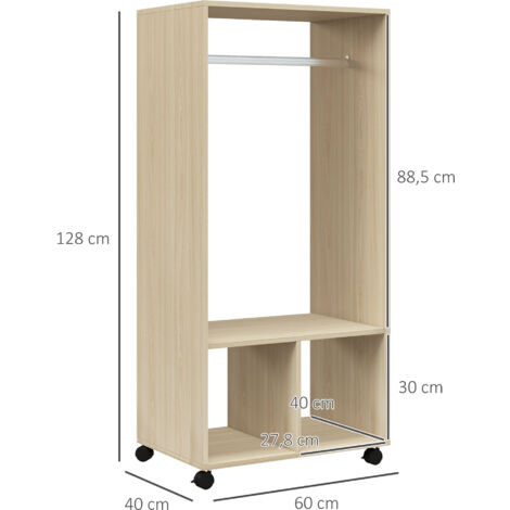 Armario ropero con ruedas armario para ropa con barra estantes abiertos organizador para colgar ropa de dormitorio 60x40x128 cm natural
