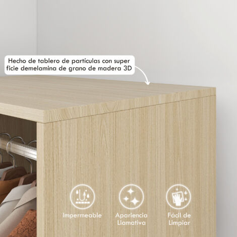 Armario ropero con ruedas armario para ropa con barra estantes abiertos organizador para colgar ropa de dormitorio 60x40x128 cm natural