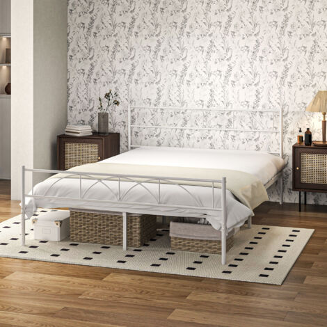 Cama doble 135x190 cm estructura de cama somier con cabecera listones de acero y espacio de almacenamiento debajo de la cama carga 330 kg blanco
