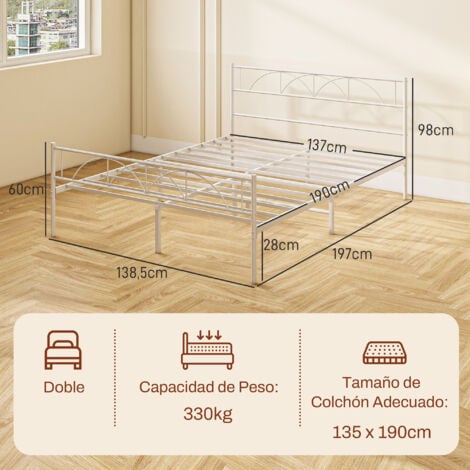 Cama doble 135x190 cm estructura de cama somier con cabecera listones de acero y espacio de almacenamiento debajo de la cama carga 330 kg blanco
