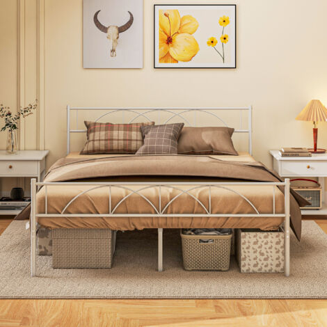 Cama doble 135x190 cm estructura de cama somier con cabecera listones de acero y espacio de almacenamiento debajo de la cama carga 330 kg blanco