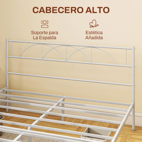 Cama doble 135x190 cm estructura de cama somier con cabecera listones de acero y espacio de almacenamiento debajo de la cama carga 330 kg blanco