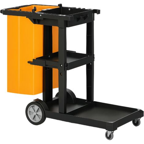 Carro de limpieza con bolsa carro de servicio con ruedas y 3 estantes carro para limpieza para hotel hostal 121x50,5x96,5 cm negro y amarillo (1/5)