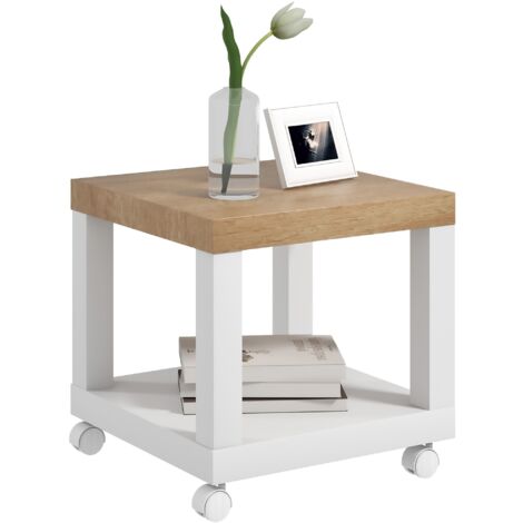 Mesita auxiliar con ruedas mesa auxiliar con estante abierto mesa para sofá Sala dormitorio 40x40x40 cm natural y blanco