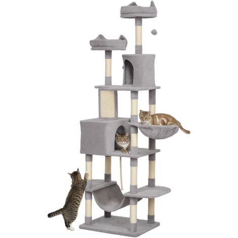 Árbol rascador para gatos grande altura 206 cm árbol para gatos torre para gatos con plataformas cuevas bolas colgantes y hamacas gris claro (1/5)