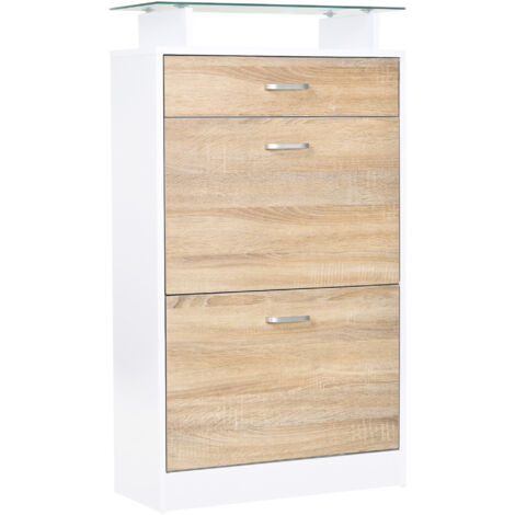 Mueble zapatero armario zapatero con 3 cajones estante de vidrio y asa de aluminio para pasillo entrada carga 50 kg 60x24x105,5 cm natural