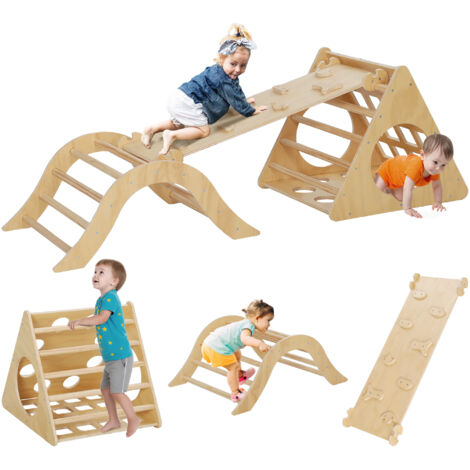 AIYAPLAY triángulo de escalada de madera 8 en 1 escalada para niños de 18-48 meses con rampa escalera de arco y bolsa de arena 175x59,5x60 cm natural