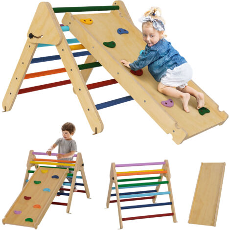 Triángulo de escalada de madera 3 en 1 escalada para niños de 18-48 meses con rampa para deslizarse o escalar 147x64,5x63 cm multicolor