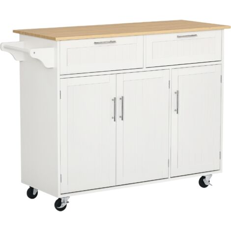HOMCOM isla de cocina con ruedas carro de cocina mueble auxiliar de cocina con 2 cajones 6 puertas y barra lateral 121x46x91 cm roble y blanco