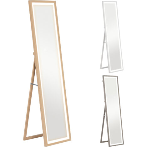 HOMCOM espejo de cuerpo entero con luz LED 160x40 cm espejo de pie o pared con iluminación de 3 colores táctil inteligente función de memoria roble