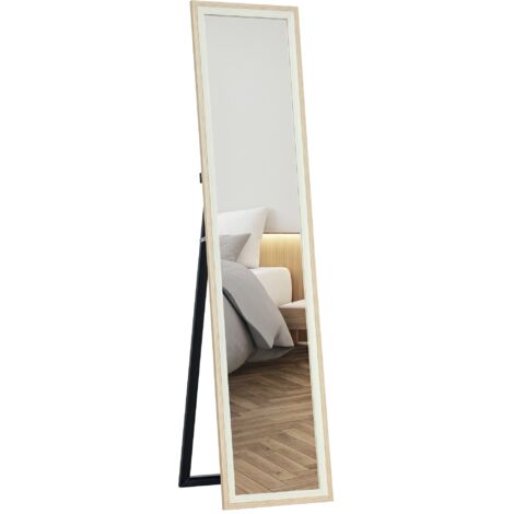 HOMCOM espejo de cuerpo entero 157x37 cm espejo de pie o de pared con marco de MDF y soporte para salón dormitorio blanco y natural
