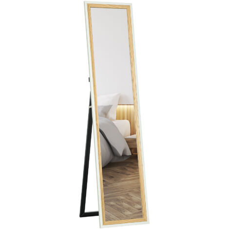 HOMCOM espejo de cuerpo entero 157x37 cm espejo de pie o de pared con marco de MDF y soporte para salón dormitorio blanco y natural oscuro