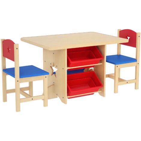 AIYAPLAY mesa y sillas infantiles de 3 piezas mesa infantil con 2 sillas y 4 cestas de almacenamiento para sala de juegos natural (1/5)