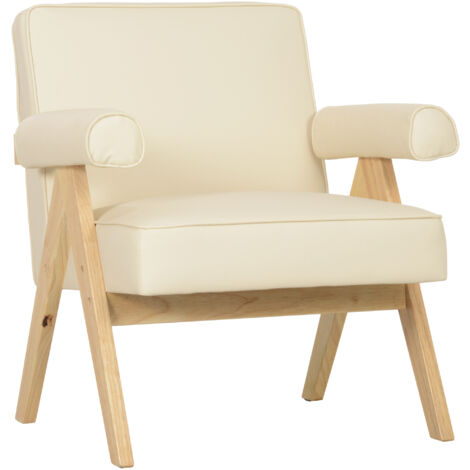 HOMCOM butaca de salón butaca nórdica sillón de salón tapizado en PU con reposabrazos y marco de madera de caucho para dormitorio carga 120 kg crema