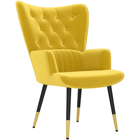 HOMCOM sillón individual butaca de salón tapizado en terciopelo con respaldo alto reposabrazos y patas de acero estilo moderno 68x72x103 cm amarillo