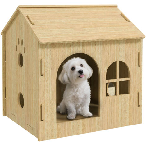 PawHut caseta para perros casa para perros interior con ventana diseño de garra hueca casita para perros y gatos 49,5x41x51 cm roble