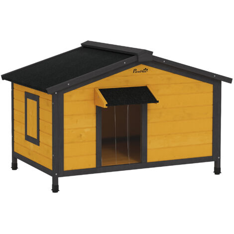 PawHut caseta para perros exterior casa para perros con techo asfáltico abatible 2 ventanas puerta con cortina y base extraíble 97x72x65 cm natural