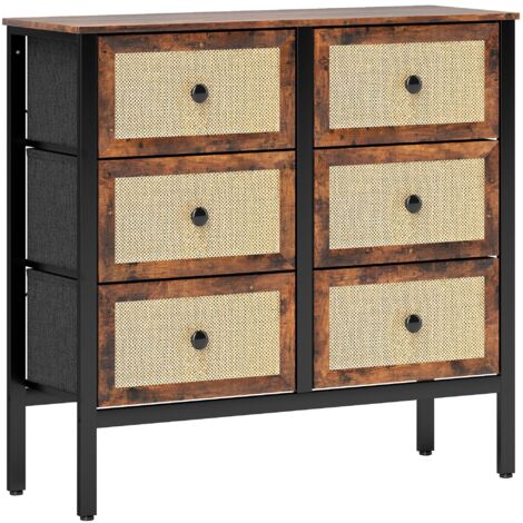 HOMCOM cómoda para dormitorio cajonera de tela con 6 cajones plegables con frentes de ratán y marco de acero cajonera para dormitorio marrón rústico