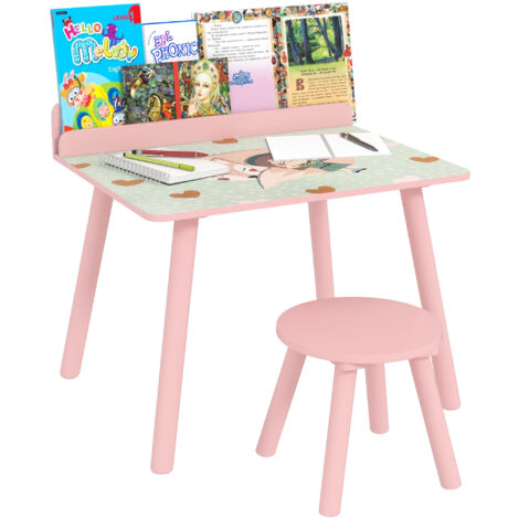 AIYAPLAY mesa y silla infantiles de 2 piezas mesa infantil con silla y estante para libros escritorio para niños de +3 años para sala de juegos rosa