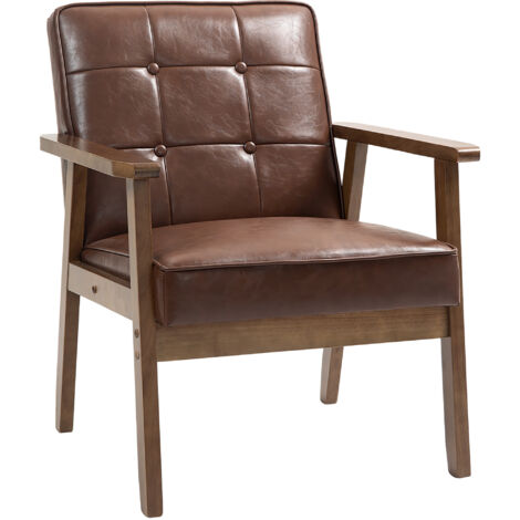 HOMCOM butaca de salón tapizada en PU sillón de salón con reposabrazos y marco de madera de caucho butaca para dormitorio carga 120 kg marrón (1/5)