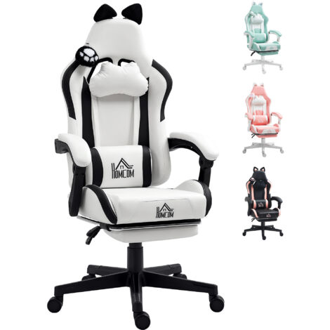 HOMCOM silla gaming con orejas silla gamer reclinable con altura ajustable reposapiés retráctil soporte lumbar y reposacabezas desmontable blanco (1/5)