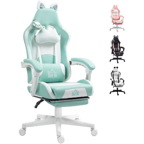 HOMCOM silla gaming con orejas silla gamer reclinable con altura ajustable reposapiés retráctil soporte lumbar y reposacabezas desmontable verde menta