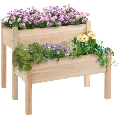 Outsunny mesa de cultivo huerto urbano elevado de madera de 2 niveles para cultivo plantas flores verduras 86x85x72 cm madera natural
