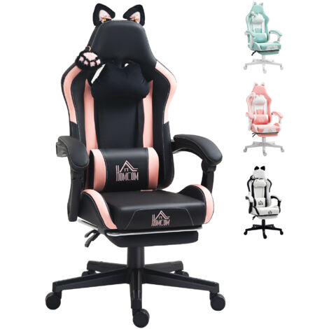 HOMCOM silla gaming con orejas silla gamer reclinable con altura ajustable reposapiés retráctil soporte lumbar y reposacabezas desmontable negro (1/5)