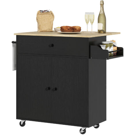 HOMCOM isla de cocina con ruedas ala abatible 2 puertas cajón especiero toallero y estante ajustable 106x42x87 cm negro y roble