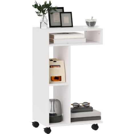 HOMCOM mesa auxiliar en forma de C mesa auxiliar para sofá con ruedas compartimentos abiertos mesita auxiliar para salón dormitorio 40x30x69 cm blanco