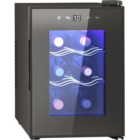 HOMCOM nevera vinos 6 botellas 17L con luz LED pantalla táctil puerta de vidrio templado anti-UV y temperatura regulable negro