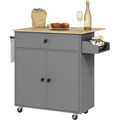 HOMCOM isla de cocina con ruedas ala abatible 2 puertas cajón especiero toallero y estante ajustable 106x42x87 cm gris y roble